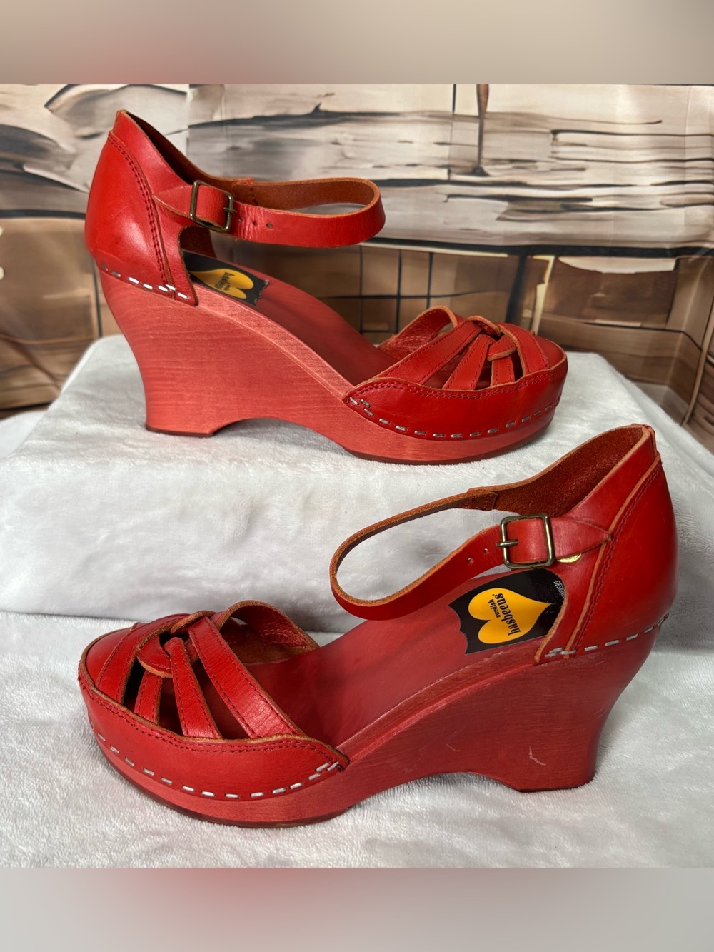 Swedish Hasbeens Toffel Red Leather Woven Wooden Wedge Clog Sandals EU 36 US 6